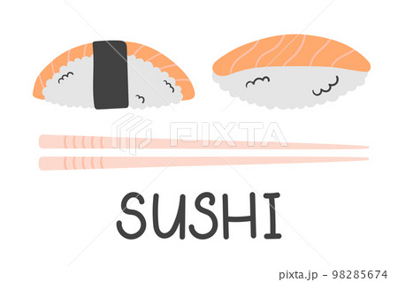 Japanese food sushi with salmon in the flat doodle style. vector illustration for menu restaurant, food delivery 98285674