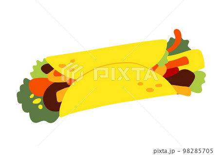 Mexican fast food Burrito. Clipart for website, icon, food delivery, recipe, bakery store. Vector flat illustration Mexican fast food Burrito. Clipart for website, icon, food delivery, recipe, bakery store. Vector flat illustration 98285705