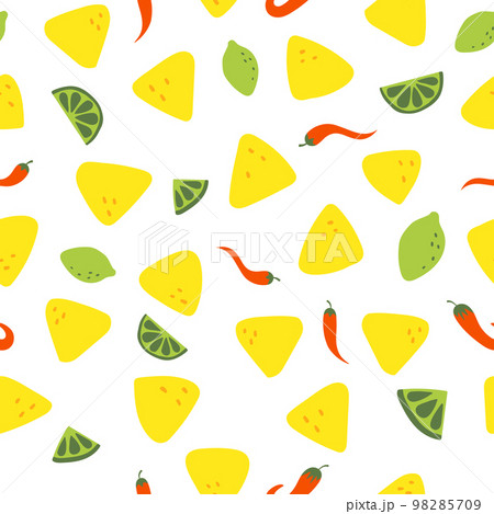 Vector seamless pattern of traditional Mexican food. National street fast food. Nachos, chili pepper and lime 98285709