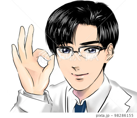 日本式のOKサインをして患者を励ます黒髪メガネのイケメンドクターを描いた漫画イラストと透過背景 98286155