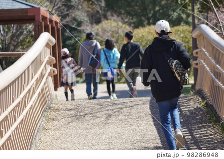 橋を渡って公園に向かう仲良し家族の後ろ姿 98286948