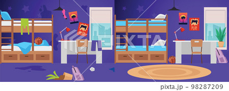 Dirty messy kids room with dirty walls and clothes, flat vector illustration. 98287209