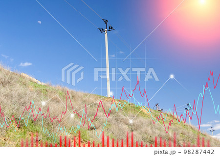 Electricity poles, graph. Sunny day with bright clear blue sky as a background Electricity poles, graph. Sunny day with bright clear blue sky as a background 98287442