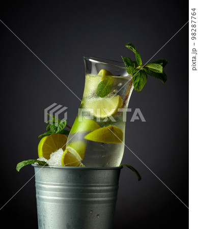 Mojito cocktail with ice, lime, and mint in a bucket with ice. Mojito cocktail with ice, lime, and mint in a bucket with ice. 98287764
