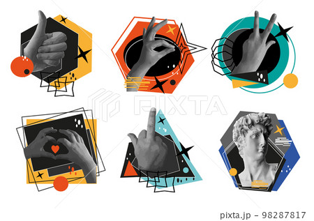 Brutalism gesture icons set abstract modern bauhaus style. Hands with super sign, peace, love and face of David Brutalism gesture icons set abstract modern bauhaus style. Hands with super sign, peace, love and face of David 98287817