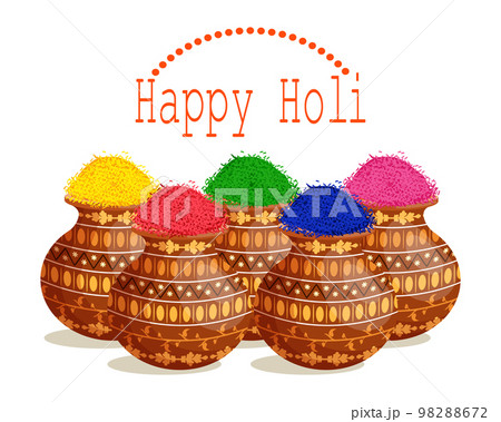 Happy Holi, the spring festival of colors, paints in India. Jugs with paints and congratulatory text. Banner, postcard, vector 98288672