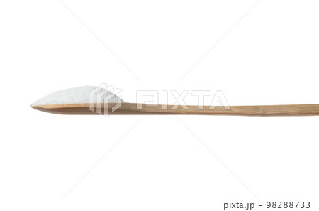 Pure refined Sugar in table spoon, white crystal sugar fall line down. Pure refined sugar stop in air, food object design. white background isolated high speed freeze motion 98288733