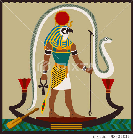 Ancient Egypt. Ra, God of the sun. Man with the head of a falcon, sailing in a boat. With cobras. Vector illustration. 98289837