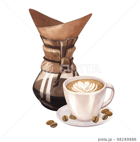 Watercolor glass original coffee glass maker with cup hot latte cappuccino with froth heart of milk. Chemex hand-drawn illustration isolated on white background. Perfect food menu, concept for cafe 98289886