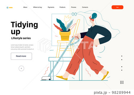 Lifestyle web template - Tidying up, housekeeping - modern flat vector illustration of a woman cleaning the floor with a vacuum cleaner. People activities concept 98289944