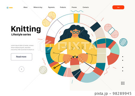 Lifestyle web template - Knitting - modern flat vector illustration of a woman wearing glasses knitting a long striped scarf with knitting needles. People activities concept Lifestyle web template - Knitting - modern flat vector illustration of a woman wearing glasses knitting a long striped scarf with knitting needles. People activities concept 98289945