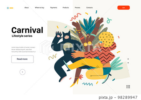 Lifestyle web template - Carnival - modern flat vector illustration of masked people dancing together, taking part in the costume carnival procession. People activities concept 98289947