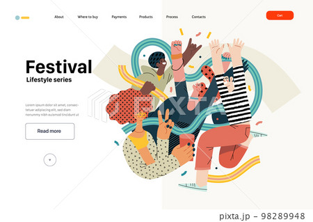 Lifestyle web template - Festival - modern flat vector illustration of a man and a woman taking part in the rock musical festival. People activities concept Lifestyle web template - Festival - modern flat vector illustration of a man and a woman taking part in the rock musical festival. People activities concept 98289948
