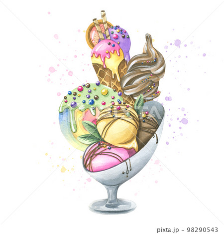 Various ice cream in waffle cones, popsicles, balls with confectionery sprinkles, topping. Watercolor illustration. Composition from the ICE CREAM collection. For the design and design of menus. 98290543