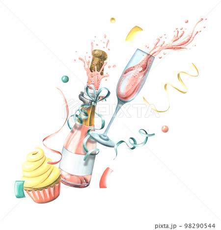 A bottle and a glass of pink champagne with cupcake, confetti and streamers. Watercolor illustration. A composition from the HAPPY BIRTHDAY collection. For the decoration and design of greetings. 98290544