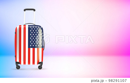 Plastic suitcase with USA flag. 3d vector banner with copy space Plastic suitcase with USA flag. 3d vector banner with copy space 98291107