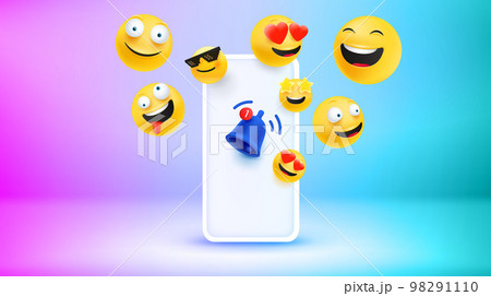 Modern smartphone with emojis. New messages concept. Vector 3d banner Modern smartphone with emojis. New messages concept. Vector 3d banner 98291110