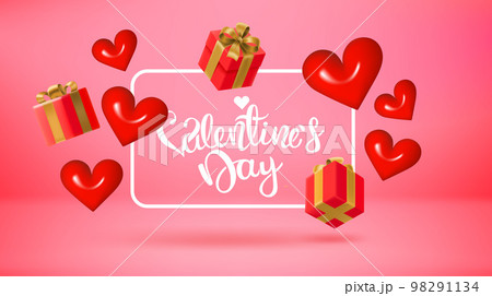 Poster template with frame, hearts, boxes and calligraphic inscription. Valentines Day greeting card 98291134