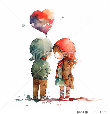 Watercolor Lovely Couple with Heart Balloonのイラスト素材 [98291678] - PIXTA