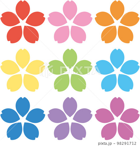 9色のカラフルな5枚の花びらの桜シルエットセットのイラストの