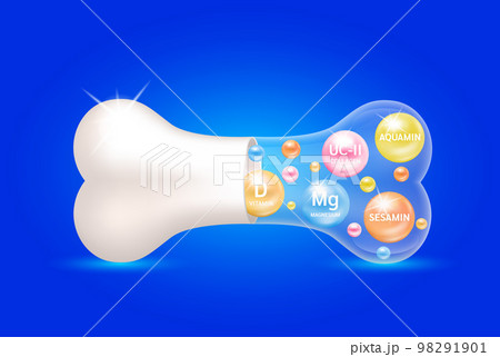 Healthy bones. Collagen UC-II Vitamin D Magnesium Sesamin and Aquamin inside bone capsule. Help heal arthritis knee joint. Used for nutrition products food template design.  98291901