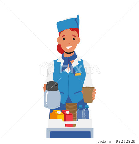 Stewardess in Blue Uniform with Meals on Tray Serving Passenger Isolated on White Background. Mealtime in Airplane 98292829