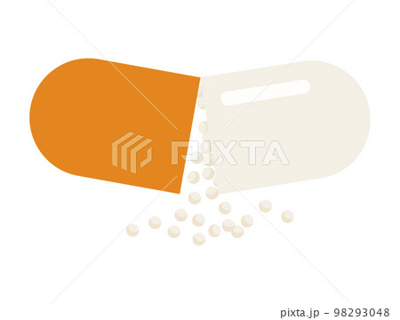 Opened medicine capsule. Pill with antibiotic and vitamins 98293048
