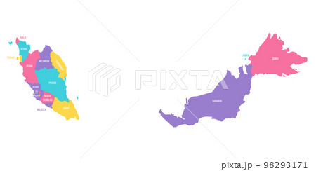 Malaysia political map of administrative divisions - states and federal territories. Colorful vector map with labels. Malaysia political map of administrative divisions - states and federal territories. Colorful vector map with labels. 98293171