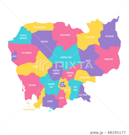 Cambodia political map of administrative divisions - provinces and autonomous municipality of Phnom Penh. Colorful vector map with labels. Cambodia political map of administrative divisions - provinces and autonomous municipality of Phnom Penh. Colorful vector map with labels. 98293177