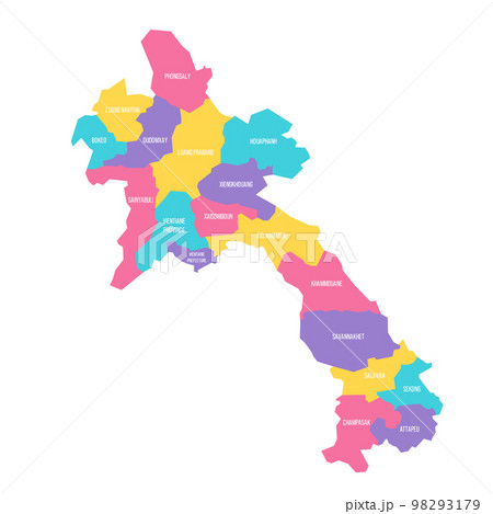 Laos political map of administrative divisions - provinces and prefecture of Vientiane. Colorful vector map with labels. Laos political map of administrative divisions - provinces and prefecture of Vientiane. Colorful vector map with labels. 98293179