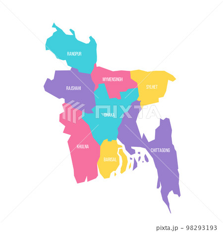 Bangladesh political map of administrative divisions - divisions. Colorful vector map with labels. Bangladesh political map of administrative divisions - divisions. Colorful vector map with labels. 98293193