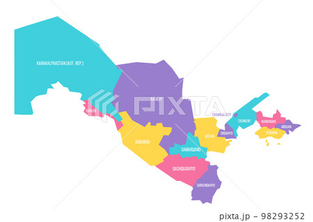 Uzbekistan political map of administrative divisions - regions, autonomous republic of Karakalpakstan and independent city of Tashkent. Colorful vector map with labels. 98293252
