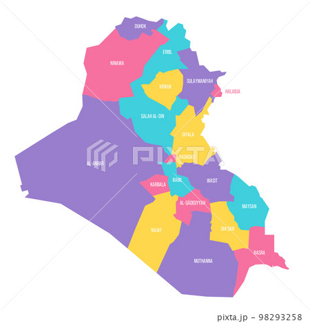 Iraq political map of administrative divisions - governorates and Kurdistan Region. Colorful vector map with labels. 98293258
