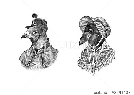 Pigeon character in a hat. Crow lady or dame. Fashionable Aristocrat. Hand drawn bird. Engraved old 98293483