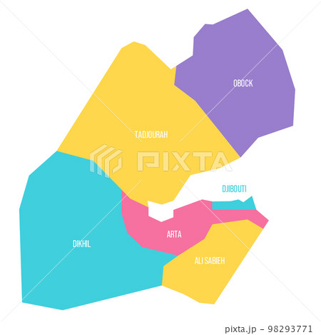 Djibouti political map of administrative divisions - regions. Colorful vector map with labels. 98293771