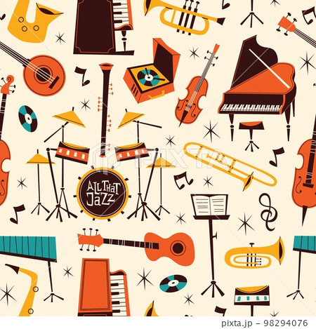 Jazz live music seamless pattern. Repeated musical instruments, comic shapes, drums, piano, trombone and saxophone, Decor textile, wrapping paper, wallpaper. Tidy vector background 98294076
