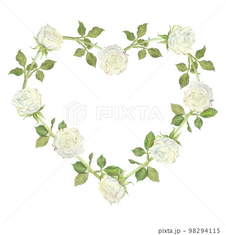 A wreath of white roses in the shape of a heart. Place for inscription or text. Watercolor illustration. Isolated on a white background. For design of dishes, greeting card, wedding invitation A wreath of white roses in the shape of a heart. Place for inscription or text. Watercolor illustration. Isolated on a white background. For design of dishes, greeting card, wedding invitation 98294115