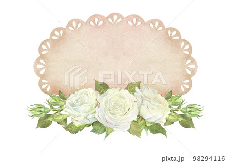 Oval lace doily with white roses and leaves. Place for inscription or text. Watercolor illustration. Isolated on a white background. For design of greeting cards, wedding invitation, scrapbooking 98294116