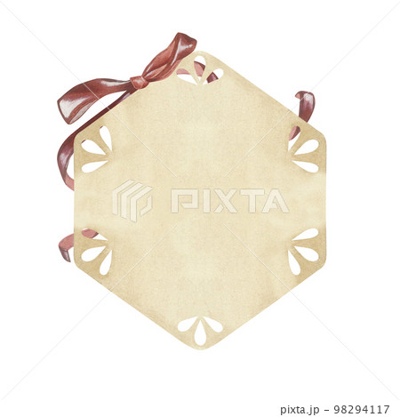 Hexagonal kraft tag with a red bow. Place for inscription or text. Watercolor illustration. Isolated on a white background. For design of greeting cards, wedding invitation, scrapbooking, stickers 98294117