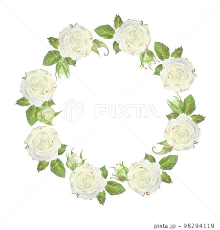 Round wreath of white roses and buds with leaves. Place for inscription or text. Watercolor illustration. Isolated on a white background. For design of dishes, greeting card, wedding invitation 98294119