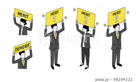 メリットとデメリットのプラカードを持つ男女のイラスト、ベクター 98294222