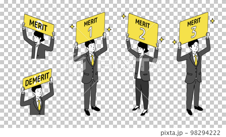 Illustration of men and women holding placards of merits and demerits, vector Illustration of men and women holding placards of merits and demerits, vector 98294222