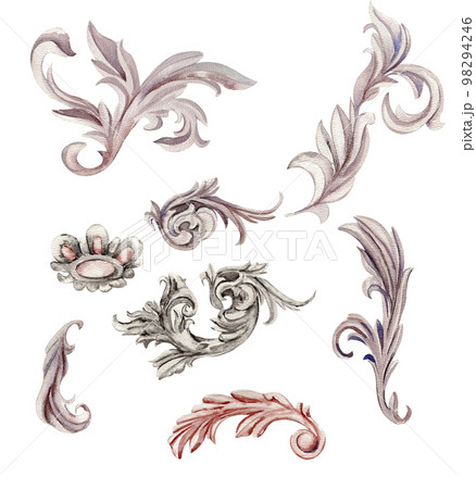 Watercolor illustration of an old romantic baroque ornaments set. Hand-drawn in watercolour on a white background. Perfect for wedding invitation, greetings card, posters, party decoration 98294246