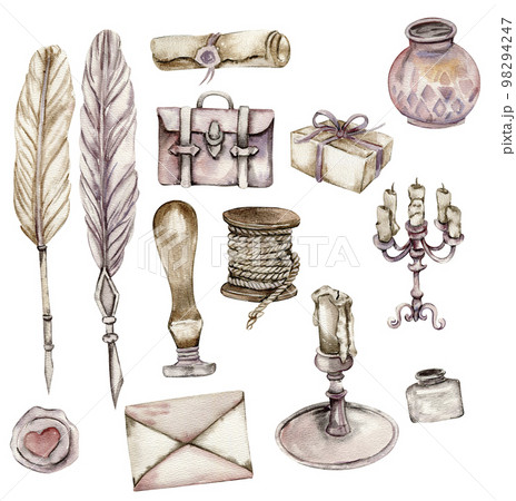 Watercolor illustration of an old rusty elements, feathers for writing, candles in a candelabra, briefcase. Perfect for wedding invitation, greetings card, posters, party decor.Hand drawn . 98294247