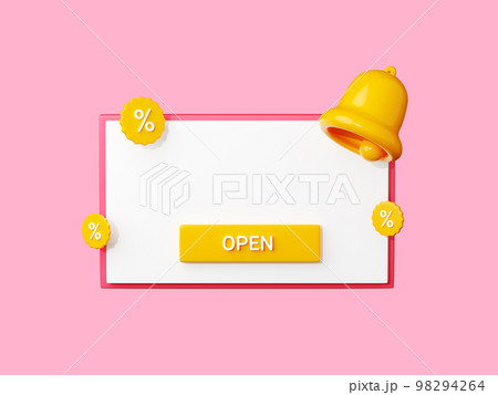 Discount reminder 3d render template - banner with empty space for text, percent sign bell alert and push button. 98294264
