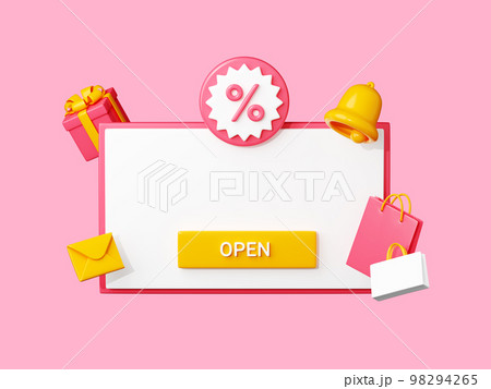 Discount reminder 3d render template - white banner with empty space for text, percent sign and push button. 98294265