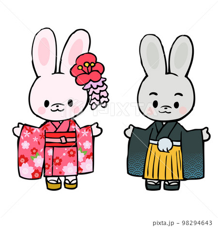 着物をきた2匹のうさぎ手描きイラスト 98294643