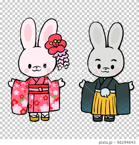 着物をきた2匹のうさぎ手描きイラスト 98294643