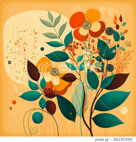 Original floral design with exotic flowers and tropic leaves. Colorful flowers on orange background. 98295090