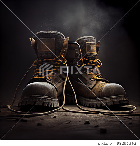 Protective worker boots on the background of production. Work clothes. 98295362